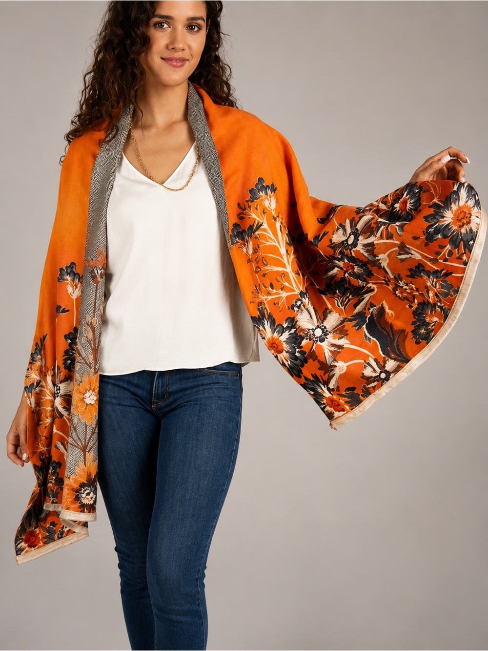 Reversible Wild Flower Scarf/Wrap in 0range& Blue by Saachi